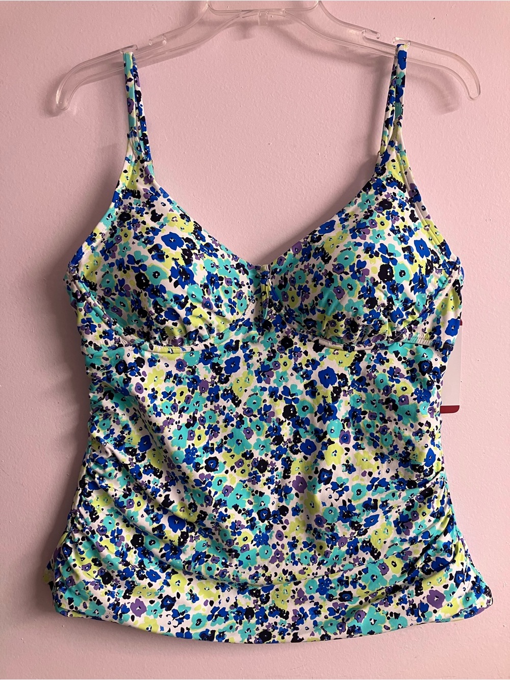 Women’s “Blue Ditsy” Tankini/Swim Top, XL,
Floral, Ruched Sides, Blue/Green, NWT